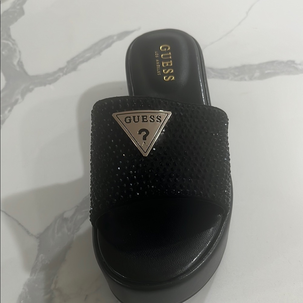 Guess Black Rhinestone Slide Sandals